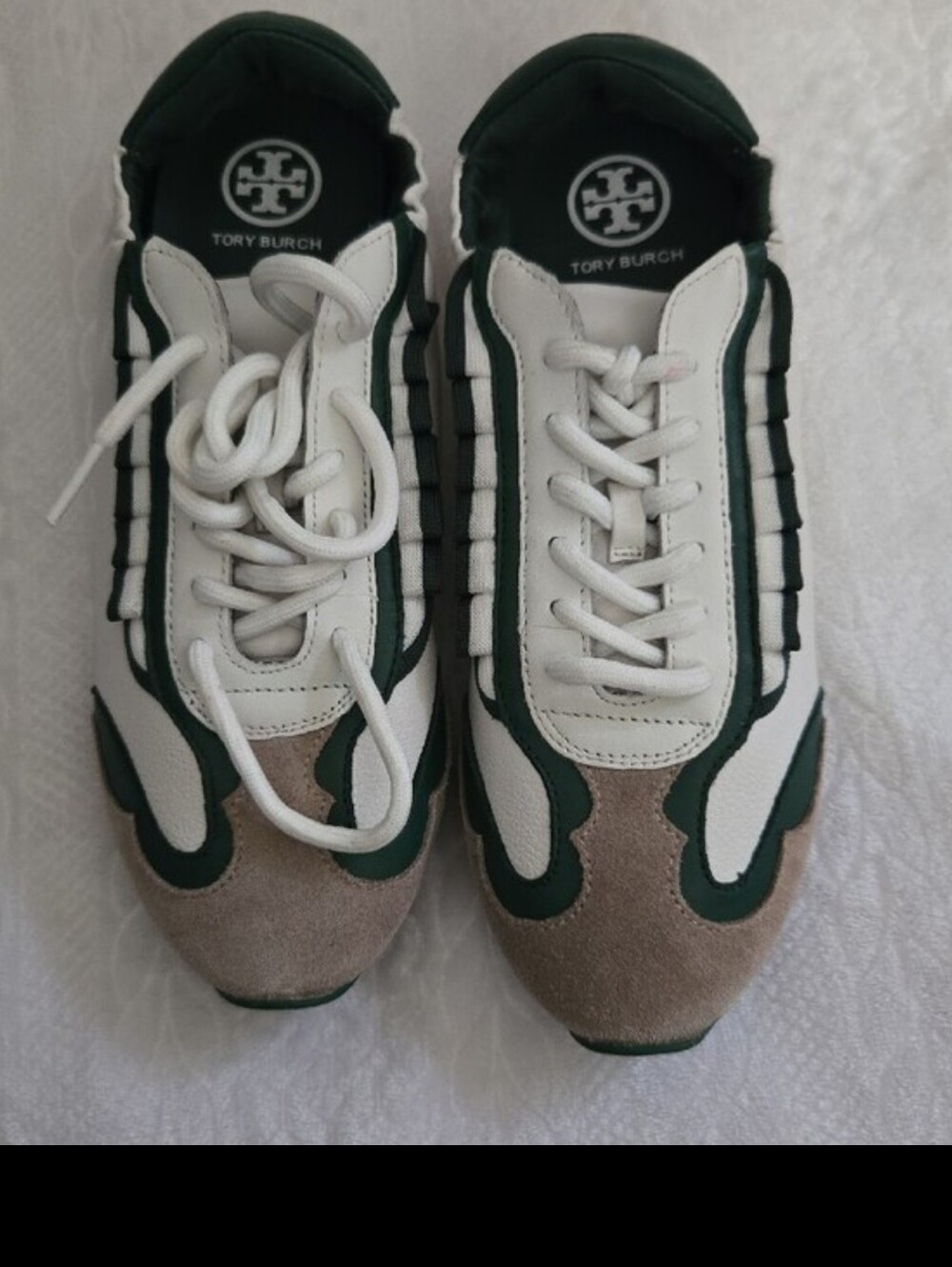 Tory Burch White and Dark Green Athletic Sneakers